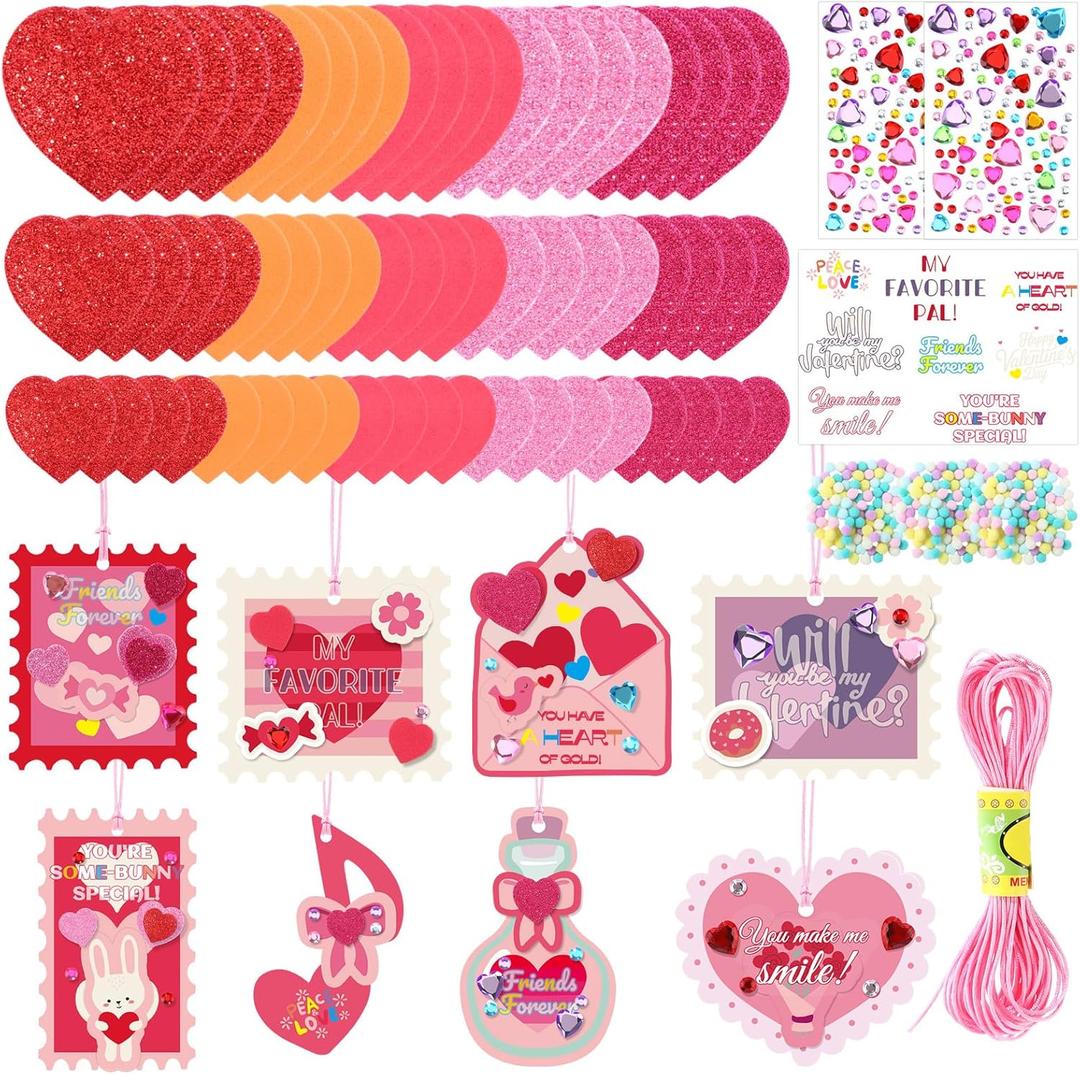 Eaasty 294 Pcs Valentine's Day Craft Kit Valentine's Day Cards Kit DIY Bookmarks Set with Assorted Cards, Heart Foam Sticker, Poms, Rhinestone, Motivational Stickers, for Gifts Exchange