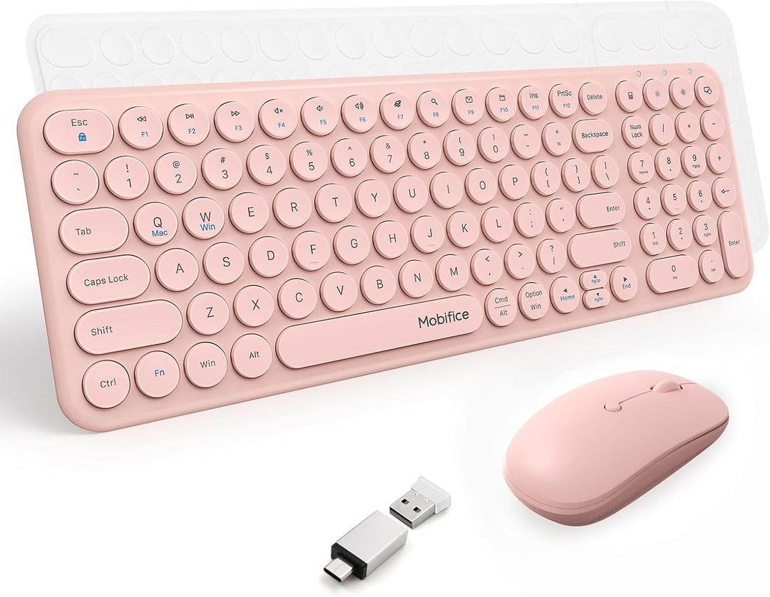 Wireless Keyboard and Mouse Combo 2.4GHz USB Ultra-Thin Cute Cordless Compact-Sized Silent Retro Computer Keyboard & Mouse Set for Office PC Computer,Laptop,Windows,Mac,Microsoft,Tablets(Peach Pink)