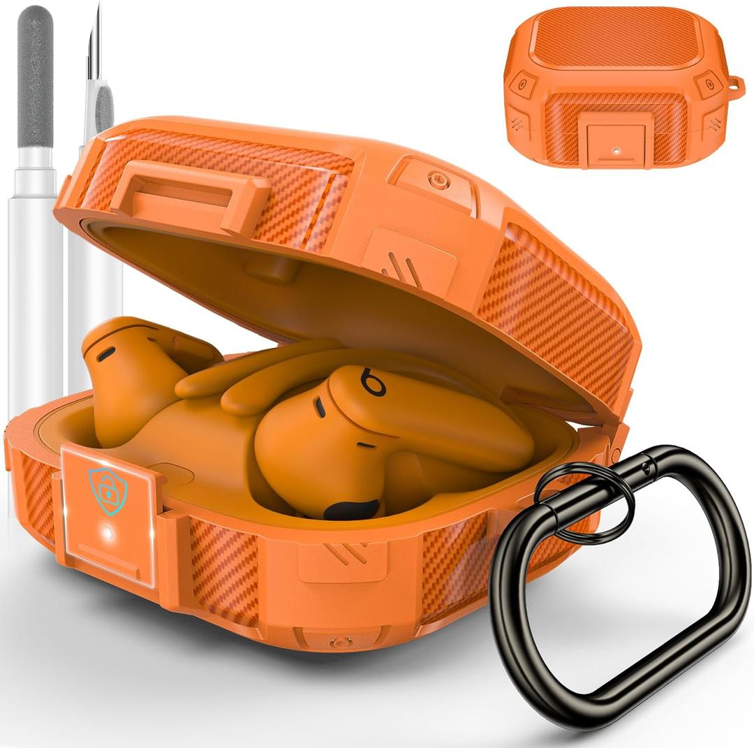 [Upgrade Secure Lock] for Beats Powerbeats Pro 2 Case Cover, LDSXAY Carbon Fiber Shockproof Protective Cover for Powerbeats Pro 2 2025 with Cleaner Kit & Carabiner (Orange)