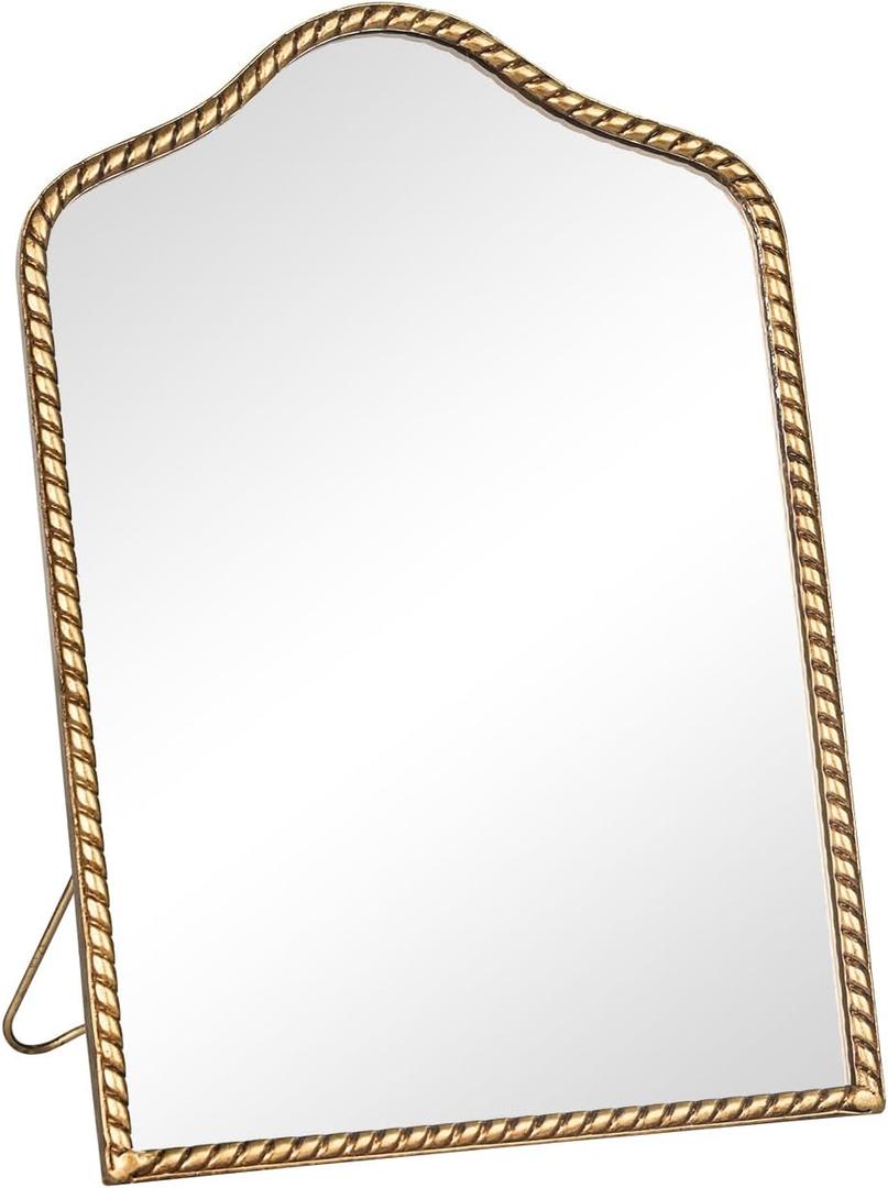 Vintage Desk Makeup Mirror, 11.9" L x 8" W Antique Gold Vanity Table Mirror, Metal Framed Scalloped Small Standing Mirrors with Beaded, 360 Adjustable Rotation for Tabletop, Bedroom