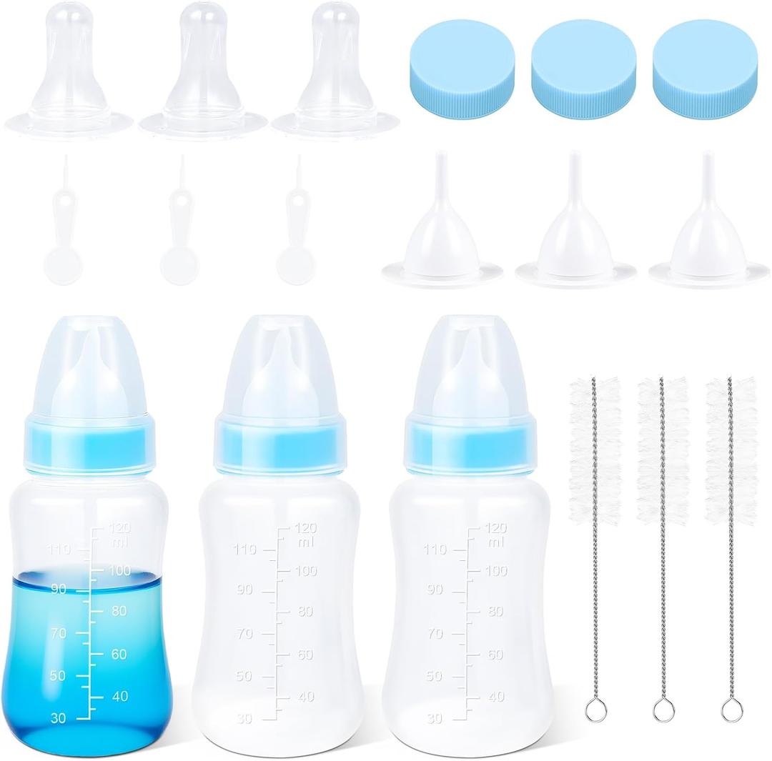 ASEVAT 4 oz 3PackPet Feeding Bottle, Anti-Choking Puppy Feeder Design,with 3pcs Replaceable and Reusable Silicone Nipples for Feeding Puppies, Kittens, Small Animals