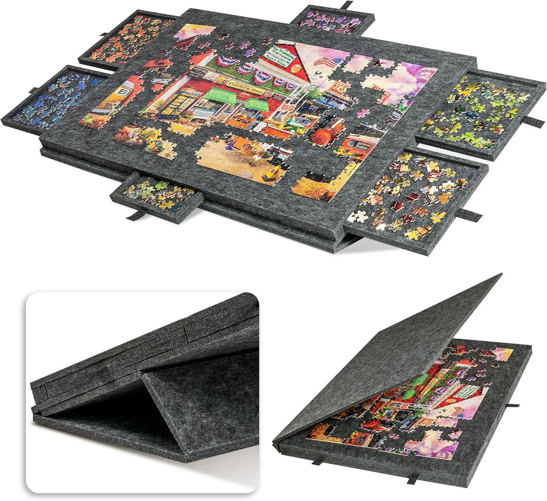 LAVIEVERT Tilting Puzzle Board with 2-in-1 Designed Stand & Cover, Super Lightweight Felt Plateau Storage with 6 Drawers for Adults & Kids, Portable Jigsaw Puzzle Table for Up to 1000 Pieces  Gray