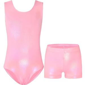 Nymphperi Girls Gymnastics Leotards 2 Piece Shiny Sleeveless Bodysuits with Sparkly Breathable Shorts Suit