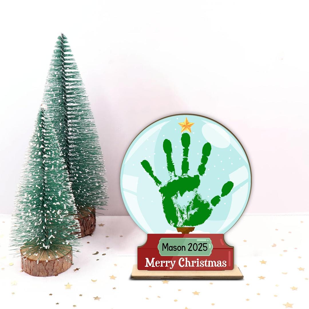 Personalized Snowball DIY Handprint Wooden Sign, Baby First Christmas Sign Plaque Keepsake for Newborn Baby Kids Toddler, Holiday Craft, Christmas Art Craft, GIft for New Mom, New Dad, Memory Keepsake