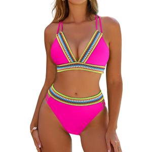 Blooming Jelly Womens High Waisted Bikini Sets Color Block Two Piece Swimsuit V Neck Crisscross Back Bathing Suit (X-Large, Hot Pink)
