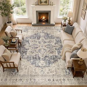 Area Rug Living Room Rugs - 12x15 Washable Boho Rug Vintage Oriental Distressed Farmhouse Large Thin Indoor Carpet for Living Room Bedroom Under Dining Table Home Office - Cream Blue