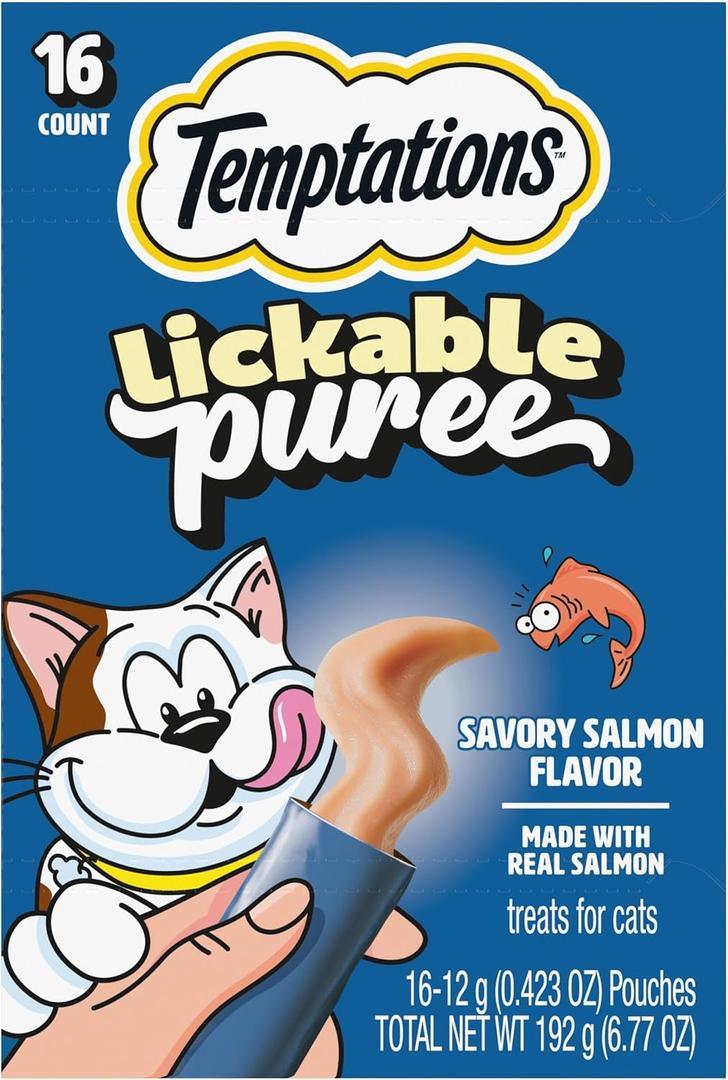 Temptations Creamy Puree Squeezable Lickable Cat Treats, Wet Cat Treats with Salmon, 0.42 oz. Tubes, 16 Count, BB: 01/30/26