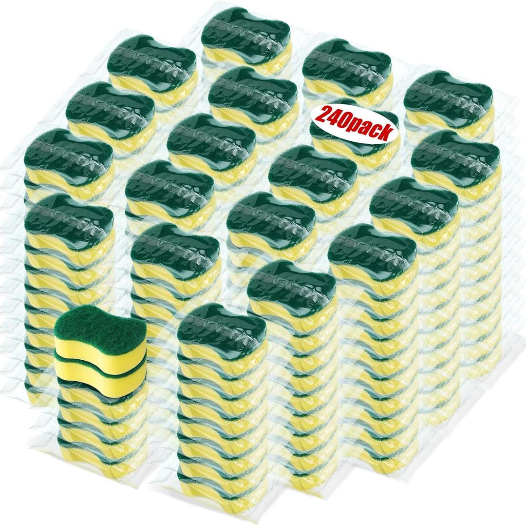 Tanlade 240 Pcs Individually Wrapped Sponges Kitchen Bulk Non Scratch Scouring Sponges for Dishes Household Cleaning Travel Apartments Hotel Car (Yellow Green)