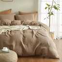 SE SOFTEXLY Muslin Duvet Cover King Size, 100% Washed Cotton Duvet Cover Set, Ultra Soft Comforter Cover Linen Like, 3 Pieces Minimalist Gauze Duvet Cover with 2 Pillowcases, 90"x104", Light Brown