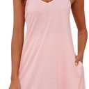 Marvmys Womens Cotton Sleeveless Nightgown Spaghetti Strap V Neck Full Slip Sleep Dress with Pockets (Medium, Pink)