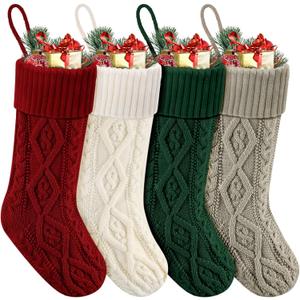 Christmas Stockings, Christmas Hanging Stockings Decoration Soft and Comfortable Knitted Festival Party Xmas Tree Stocking (B-4p-Red, White, Green, Khaki)