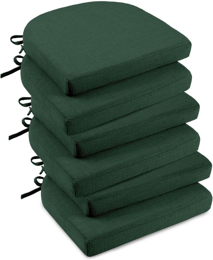 downluxe Indoor Chair Cushions for Dining Chairs, Soft and Comfortable Textured Foam Kitchen Chair Pads with Ties and Non-Slip Backing, 16" x 16" x 2", Dark Green, 6 Pack