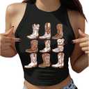 WDIRARA Women's Graphic Sleeveless Crop Tank Tops Crew Neck Western Rodeo Cowgirl Shirt Black, Medium