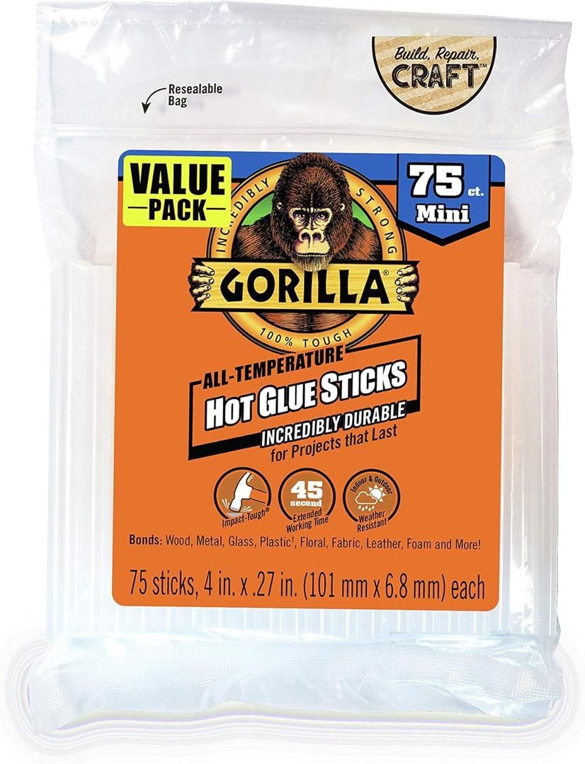 Gorilla Hot Glue Sticks, Clear Glue, Mini Size 4" Long x 0.27" Diameter, 75 Count (Pack of 1) - Safe for All Temperatures with Extended Working Time