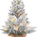 2ft Pre-Lit Artificial Mini Christmas Tree,24 Inch Snowy Flocked Small Tabletop Christmas Tree with LED Light,White Xmas Pine Tree for Home Desk Indoor Decor, Perfect with Burlap Base