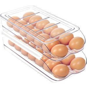 MesRosa Egg Holder for Fridge, Automatic Rolling Egg Organizer for Refrigerator, Clear Plastic Egg Container & Tray, Stackable Dispenser and Storage Bin with Sturdy Lid to Saving Space -2 Layer