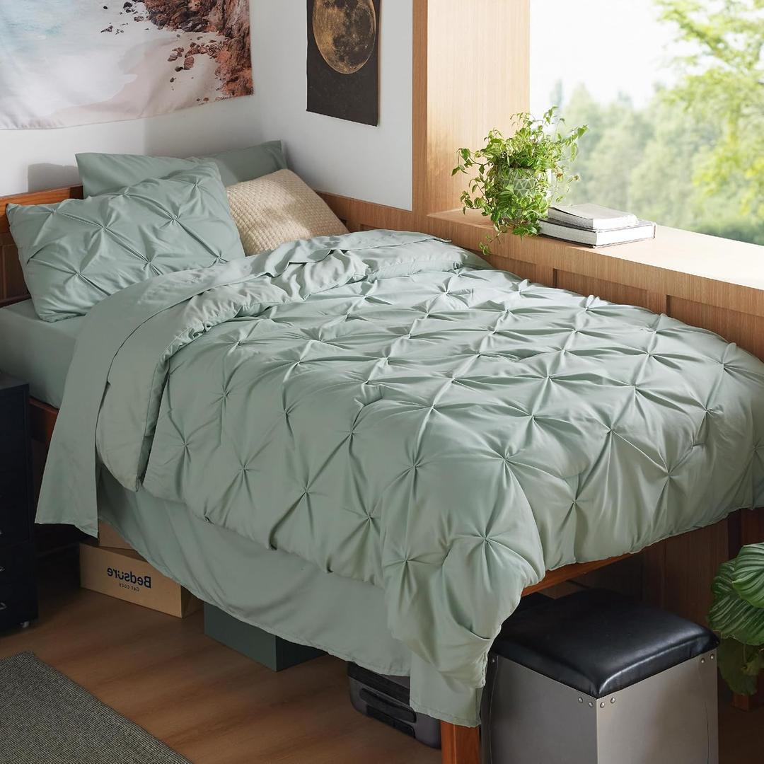 Bedsure Twin XL Comforter Set - Extra Long 5 Pieces Dorm Bedding Sets, GentleSoft Pinch Pleat Sage Green Bed in a Bag with Pintuck Comforter, Sheets, Pillowcase & Sham