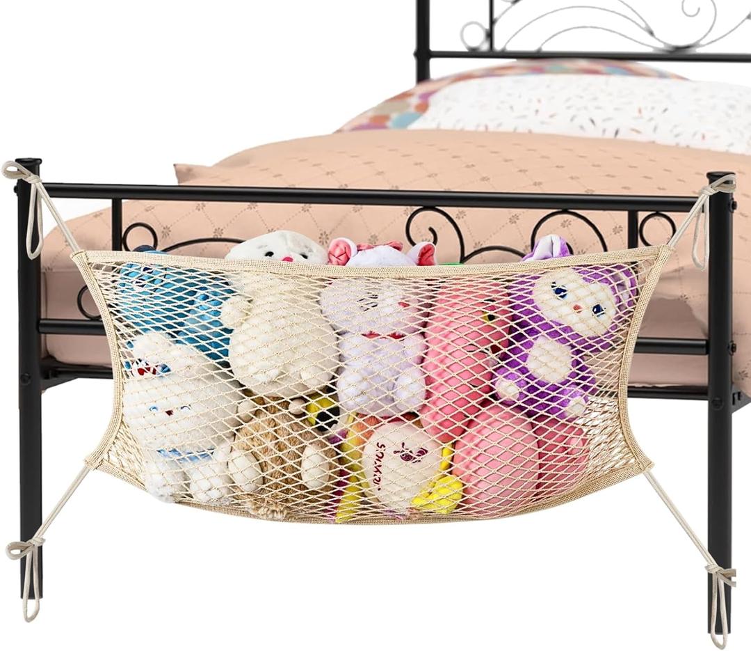 Stuffed Animal Storage Net for Kids, Bedside Toy Organizer Net - Neatly Store Your Stuffed Animals, Cotton Bedside Stuffed Animal Storage Net with Tether, Stretches up to 35 Inches, Beige (1)