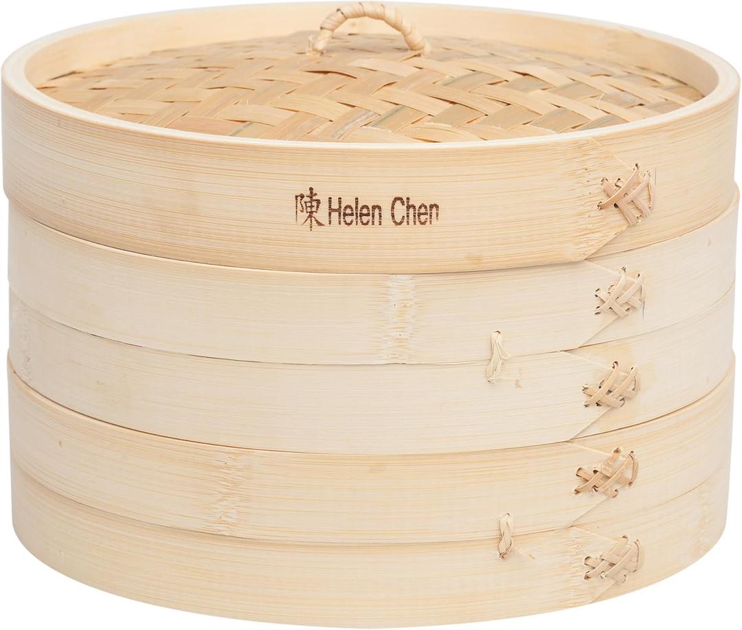 Helen's Asian Kitchen Bamboo Food Steamer with Lid - 100% Natural Bamboo - Basket Steamers for Cooking Dumplings, Dim Sum, Veggies, Fish, Meat - Preserve Nutrients & Flavors - 10-Inch