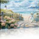Beach Canvas Wall Art - Coastal Wall Decor Framed Ocean Posters Beach Path with Bicycle Picture Seascape Painting Prints for Walls Living Room Bedroom Ready to Hnag - 16.00x24.00 inch