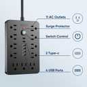 JouleLoom 6 FT Flat Plug Surge Protector Power Strip,11 Multiple AC Outlets with 6 USB Ports (2 USB C), 6 Feet Extension Cord, 1250W/10A, One Touch Switch Button, 17 in 1 Compact powerstrip
