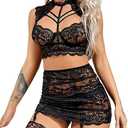 Ladies & Men's story Women Underwire 3 Piece Sexy Lingerie Collared Stretch Bustier & Garter Skirt Strappy Lace Bra Panty Set Size S