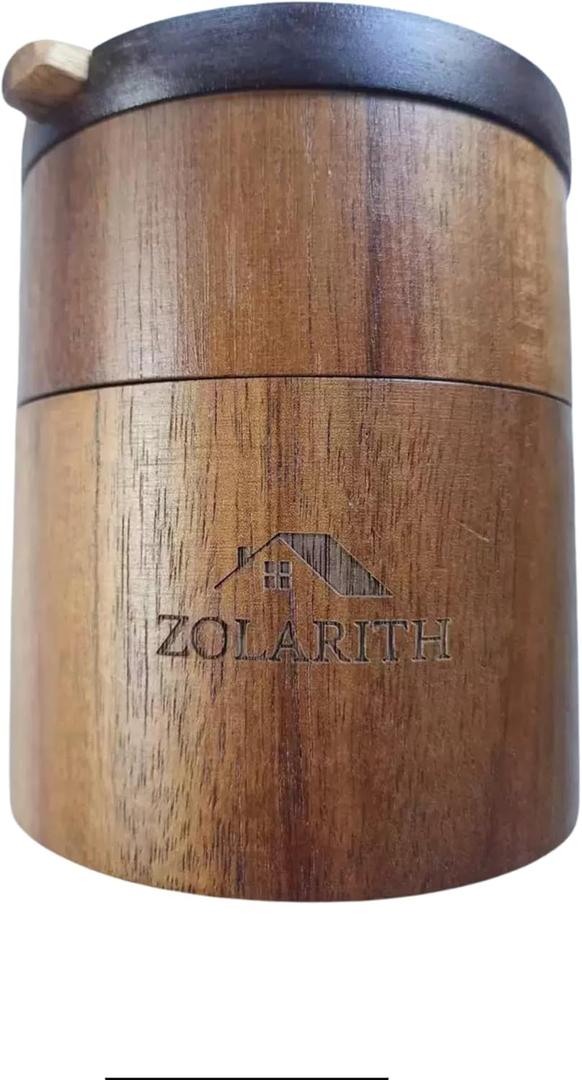 Zolarith Wooden Salt Box with Magnetic Swivel Lid, Acacia Wood, Dual Compartments, 9x10.5cm, Kitchen Storage Container with Spoon