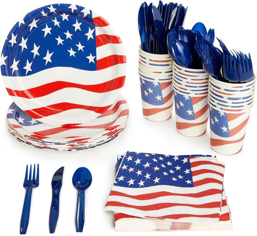 144 Piece Patriotic Party Supplies, American Flag Plates, Napkins, Cups, Cutlery for 4th of July, Memorial Day Decorations for American Themed Party, Citizenship Party (Serves 24)