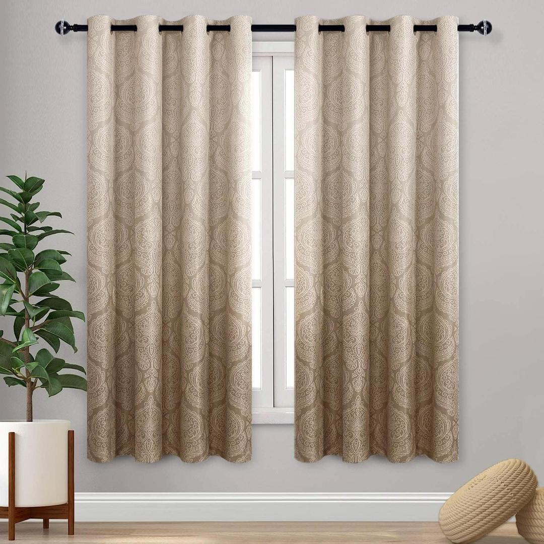 DWCN Ombre Blackout Curtains for Bedroom - Luxury Damask Patterned Thick Grommet Drapes for Living Room, 1 Pair Gradient Window Curtain Panels, 52 x 72 Inches Long, Taupe