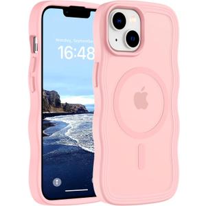 Hualele Magnetic for iPhone 13 & iPhone 14 Case, Compatible with MagSafe, Military Grade Dropproof Translucent Matte Back Cute Curly Wave Edge Slim Phone Case,Light Pink