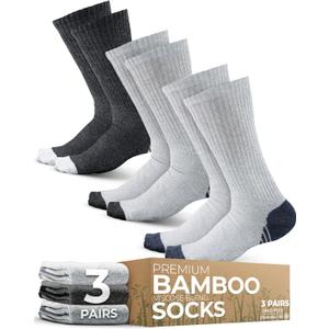 Pembrook 3 Pairs Viscose Bamboo Socks Mens - Premium Crew Work Socks, Moisture Wicking Socks Men for Hiking, Work Boot Socks Medium