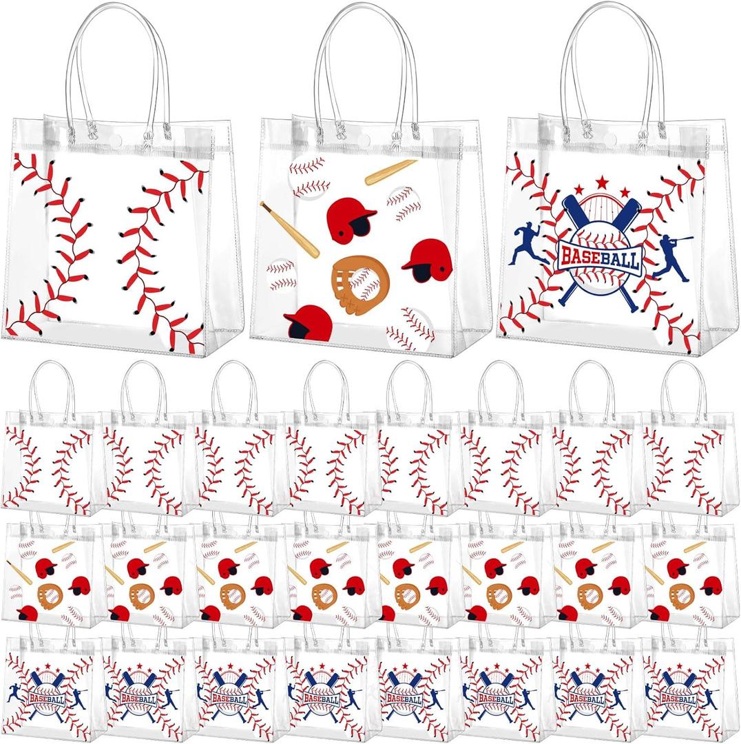 Resholder 30 Pcs Baseball Clear PVC Gift Bags Bulk 3 Styles Baseball Themed Snack Bags with Handle Sport Theme Party Favor for Goodie Treat Candy Birthday Party Decorations Supplies, 8x8x3.15 Inch