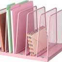 Small Desk File Organizer, 5-Section Upright File Sorter, Vertical File Folder Holder, Mesh Metal Wood Office Desktop Organization for Document, Magazine, Books and more (Pink)