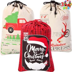JOYIN 3 PCS Christmas Santa Burlap Sack 26" x 19", Large Canvas Gift Bag with Drawstring Reusable Personalized Cloth Pouch for Xmas Presents Package, Party Supplies, Party Favor Decorations
