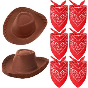 Hillban 12 Pack Cowboy Hat and Bandana, Cowgirl Hats Felt Cowboy Party Hats Bulk Western Bandanas for Party Costume (Brown)