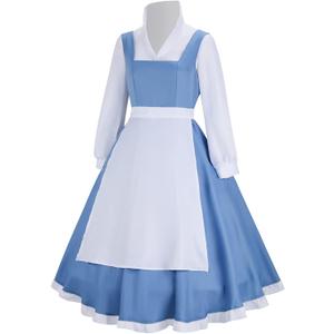 AMNPOLEN Beauty Belle Cosplay Costume Maid Blue Dress Women Girls Princess Halloween Carnival Fancy Dress up Ball Gown Outfit (Medium)