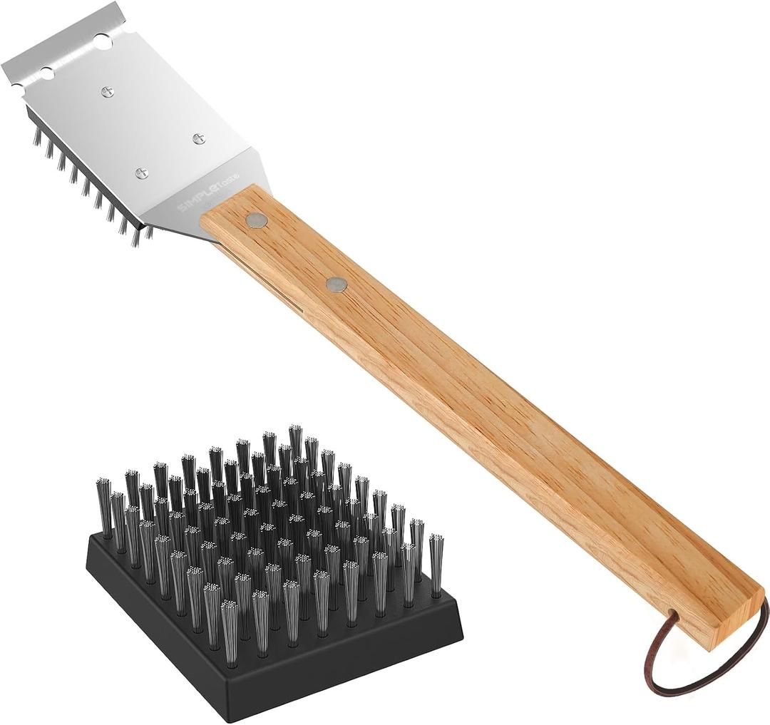 SIMPLETASTE Grill Brush and Scraper for BBQ, Durable & Effective, Replaceable Stainless Steel Head, Wooden Handle Wire Grill Brush for Outdoor Grill, Barbecue Accessories