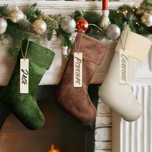 3 Sets Velvet Christmas Stockings Aesthetic Xmas Stockings with Personalized Blank Wooden Name Tags Rustic Christmas Decor for Fireplace Mantle Farmhouse Home Tree, 17 Inches Large(Mixed)