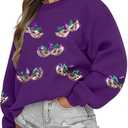 ASTANFY Womens Mardi Gras Sweatshirt Carnival Sequin Purple Sweater Masks Graphic Shirt Crewneck Long Sleeve Tops (Medium)