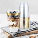 Byvivace 12OZ Plastic Cups with Gold Rimmed Sturdy & Food Safe Disposable Wine Glasses Weeding Party Cups Disposable Drinking Cups Plastic Cocktail Glasses for Wine, Juice & Cold Beverages [200 Pack]