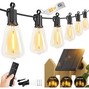 Brightown 52FT Solar String Lights Outdoor Waterproof with Remote, 15+1 LED Shatterproof Bulbs, Dimmable & Timable, 3 Light Modes - Commercial Grade Patio Lights for Garden Backyard Party Decor