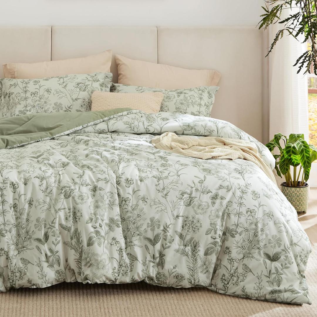 Bedsure Floral Comforter Set King Size - 100% Cotton Fabric with Microfiber Inner Fill, Sage Green Bedding Comforter Set, 3 Pieces, 1 Soft Reversible Botanical Flower Comforter and 2 Pillow Shams
