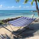 SUPERJARE Hammock with Stand, 2 Person Heavy Duty Hammock with Padded Cotton, Detachable Pillow & Strong Curved-Bar & Portable Carrying Bag, Perfect for Outdoor & Indoor, Navy Blue Stripe
