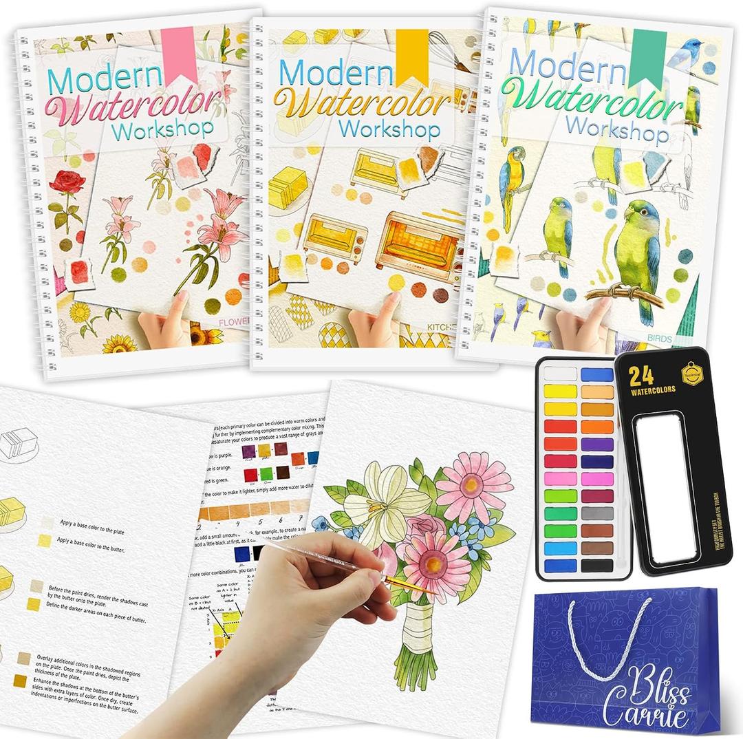 3Pcs Watercolor Workbook Paint Book Beginner Friendly Painting Kit, 5.51 x 8.26 x 0.1 inches