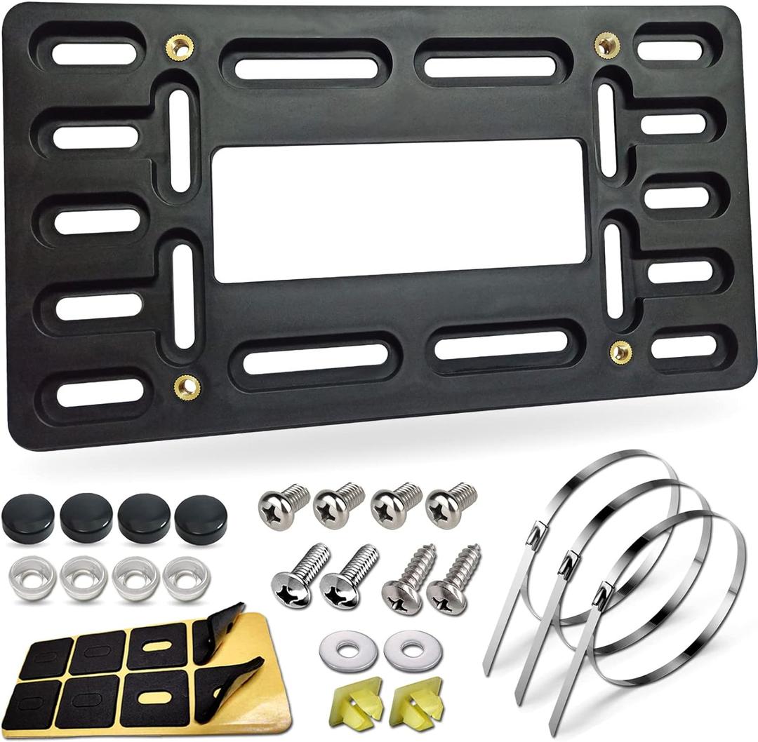 BGGTMO License Plate Bracket Holder- Front License Plate Mounting Kit, Universal Bumper Car Tag Frame Mount Adapter with Stainless Steel Screw Cap, Cable Ties (Black - 4 Holes)