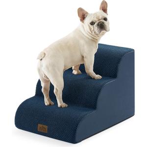COZY KISS Wide Dog Stairs for Small Dog 15.7" H, Pet Step for Puppy, Older Cat, Curved Ramp for Couch, Durable Anti-Slip Ladder with High Density Foam, 3 Step, 17.7x22.4x15.7 inch, Navy Blue