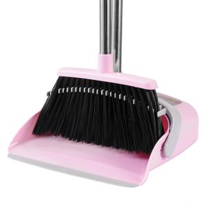 Broom and Dustpan Set, 54 Long Adjustable Household Hand Broom with Dustpan Teeth to Clean Hair Broom with Dustpan Set Heavy Duty to Clean Hair for Home Lobby Office (Pink)