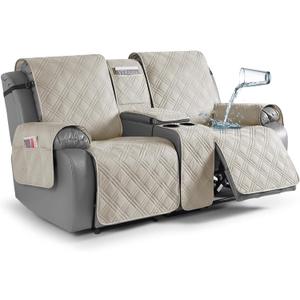 TAOCOCO Reclining Loveseat Cover with Console, 100% Waterproof Pet Covers for Dual Recliner with Mug Holder, Split Console Cover Loveseat Covers Furniture Pet & Kids Protector (2 Seater, Cream)