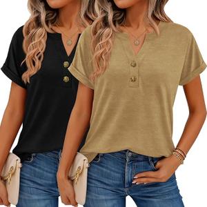 Women Tops Shorts Sleeve Shirts V Neck Henley Tops Spring Summer Trendy Casual Blouses Vacation Loose Tees Clothes 2026, XL