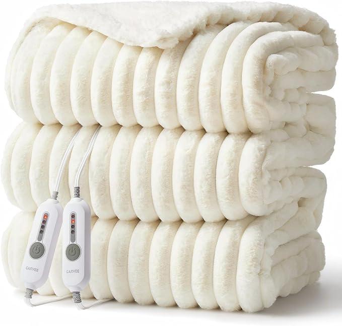 GarveeHome Electric Blanket King, Heated Blanket Dual Control Cozy Faux Rabbit Fur with 4 Heating Levels & 10H Auto Off, OverHeat Protection, Machine Washable, ETL Certification, Beige White 90"x100"